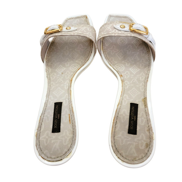 Louis Vuitton Vintage Monogram Sandals Kitten Heels White Leather Mules 9 39 - Picture 9 of 13